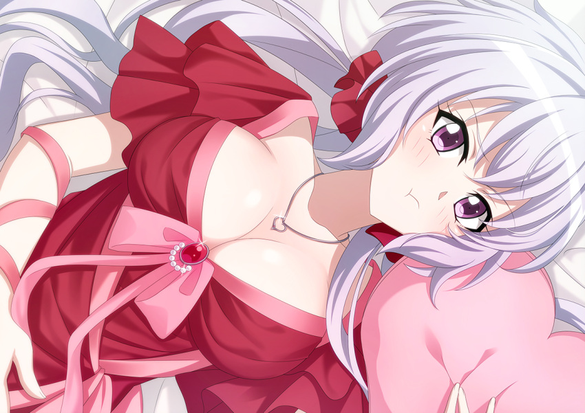 blush breasts cleavage closed_mouth commentary_request dress female hair_ornament hair_ribbon jewelry large_breasts long_hair looking_to_the_side lying miona_yui necklace on_back pillow pillow_grab pout purple_eyes red_dress ribbon senki_zesshou_symphogear solo white_hair yukine_chris