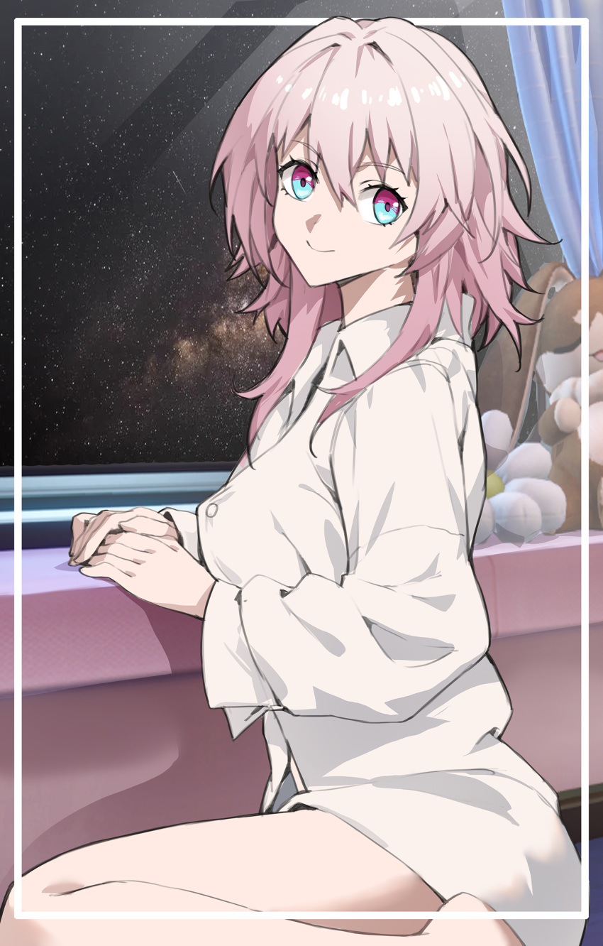 blue_eyes female highres honkai:_star_rail honkai_(series) indoors linreplica long_hair long_sleeves looking_at_viewer march_7th_(honkai:_star_rail) no_pants pink_hair purple_eyes shirt sitting smile solo space thighs two-tone_eyes wariza white_shirt