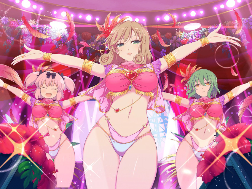 3girls :3 :d ^_^ archived_source bad_id bikini black_ribbon blonde_hair blush breasts brooch closed_eyes collar feathers flower fringe_trim frown gem gold_bracelet green_eyes green_hair hair_ribbon haruka_(senran_kagura) heart heart_o-ring heart_ring_bottom hibari_(senran_kagura) highres hikage_(senran_kagura) jewelry large_breasts leaf looking_at_viewer multiple_girls navel official_art open_mouth outstretched_arms pink_collar pink_flower pink_hair plant pose purple_bikini purple_flower red_feathers red_flower ribbon samba senran_kagura senran_kagura_new_link short_hair short_twintails slit_pupils smile sparkle swept_bangs swimsuit tattoo third-party_source twintails yaegashi_nan yellow_eyes yellow_flower