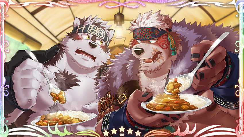 2022 anthro bear belly big_belly blush canid canine canis coat_cape countershading detailed detailed_background detailed_food duo food grey_body horkeu_kamui_(tas) humanoid_hands inside kemono kimun_kamui_(tas) lifewonders male mammal overweight overweight_male scar takemoto_arashi tent tokyo_afterschool_summoners wolf