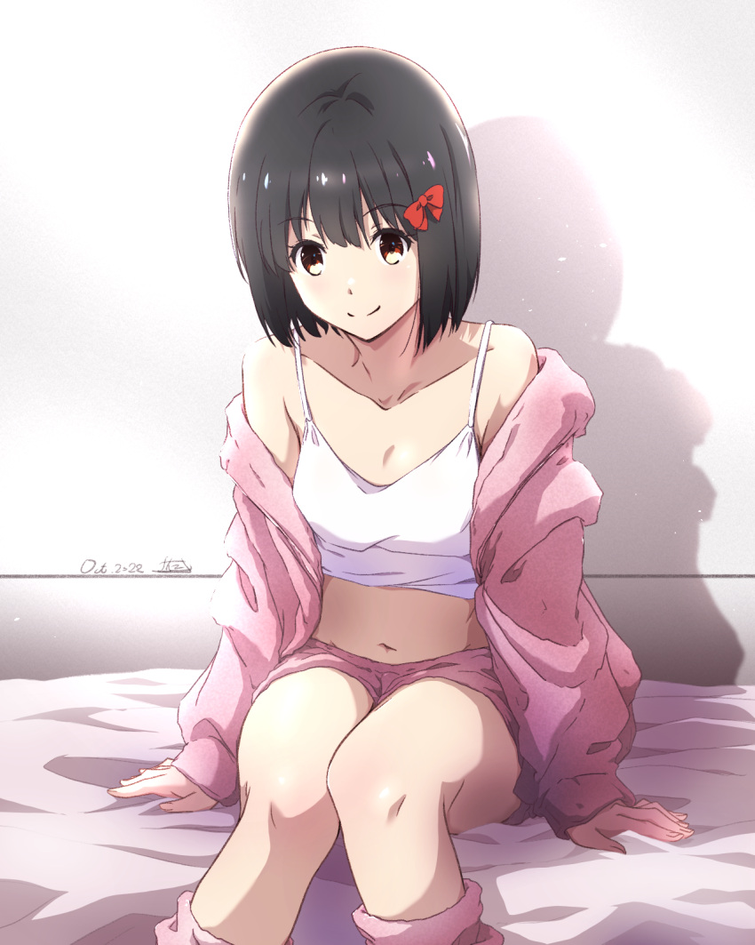 black_hair bow breasts camisole cleavage closed_mouth collarbone commentary dated female gekijouban_hibike!_euphonium hairbow hibike!_euphonium highres hisaishi_kanade jacket looking_at_viewer medium_breasts midriff navel nii_manabu pink_jacket pink_shorts red_bow red_eyes short_hair shorts signature sitting smile solo white_camisole