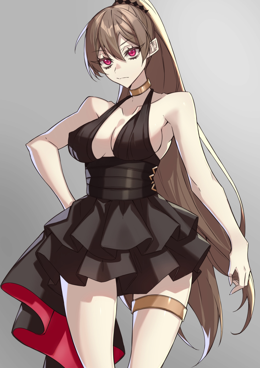 azur_lane bare_arms bare_shoulders black_dress breasts brown_hair choker closed_mouth cowboy_shot dress female grey_background hair_between_eyes hair_ornament halter_dress halterneck high-waist_sideboob high_ponytail highres jean_bart_(azur_lane) jean_bart_(uninhibited_bloodstone)_(azur_lane) large_breasts long_hair looking_at_viewer official_alternate_costume ouka_(sakura_oinari) ponytail red_eyes short_dress sideboob sidelocks sleeveless sleeveless_dress solo standing thighlet thighs very_long_hair