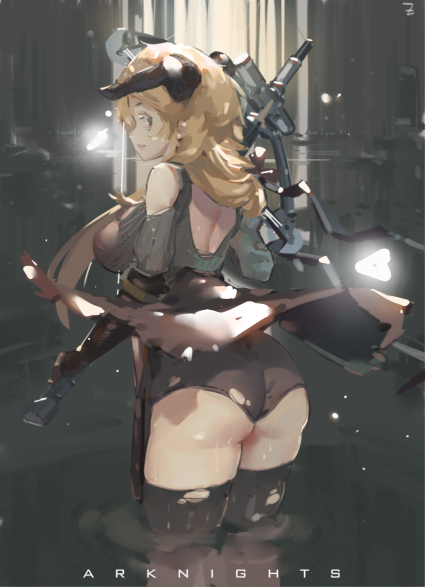 absurdres arknights ass black_gloves black_shorts black_thighhighs blonde_hair chinese_commentary commentary_request copyright_name crossbow demon_horns elbow_gloves female from_behind gloves grey_background grey_sweater gun highres holding holding_gun holding_weapon horns light_particles long_hair looking_at_viewer looking_back meteorite_(arknights) parted_lips shorts solo sweater thighhighs thighs torn_clothes torn_thighhighs weapon zygocactus