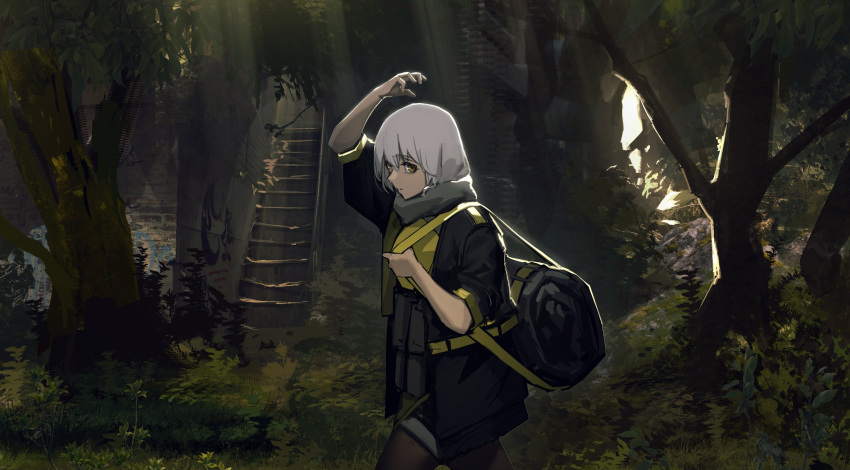 bag female fixro2n forest grass highres nature neon_trim original outdoors pantyhose shorts solo tree white_hair yellow_eyes