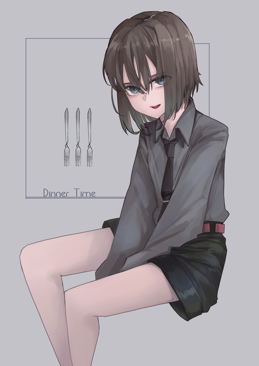 1boy absurdres blue_eyes brown_hair collared_shirt english_text fork highres long_sleeves male_focus necktie original shirt short_shorts shorts sitting smile teizen_(niwamaee)