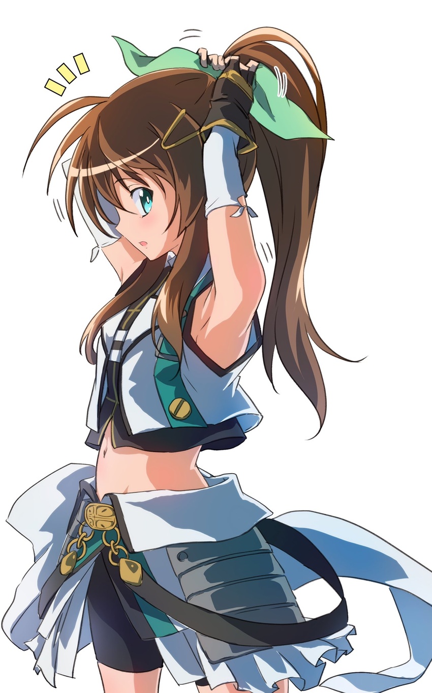 armored_skirt armpits arms_up bike_shorts black_gloves black_shirt black_shorts brown_hair commentary elbow_gloves female fingerless_gloves from_side fuka_reventon gloves green_eyes green_ribbons hair_ribbon highres jacket kashima_fumi layered_gloves long_hair looking_at_viewer lyrical_nanoha magical_girl midriff motion_lines notice_lines open_mouth overskirt ponytail ribbon shirt shorts simple_background skirt sleeveless sleeveless_jacket sleeveless_shirt solo standing tying_hair vivid_strike! white_background white_gloves white_jacket white_skirt