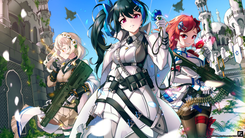 absurdres assault_rifle black_gloves black_hair blonde_hair blush bow braid breasts bullpup cape choker flower fomyu_(formula) girls'_frontline gloves gun hair_between_eyes hair_flower hair_ornament hair_ribbon hairband hairbow hairclip hexagram highres holding imi_negev iwi_tavor iwi_x95 jacket jacket_on_shoulders jericho_(girls'_frontline) light_machine_gun long_hair multicolored_hair multiple_girls necktie negev_(girls'_frontline) one_side_up outdoors photoshop_(medium) pink_hair purple_eyes red_bow red_eyes ribbon rifle sidelocks smile star_of_david streaked_hair weapon x95_(girls'_frontline) yellow_eyes