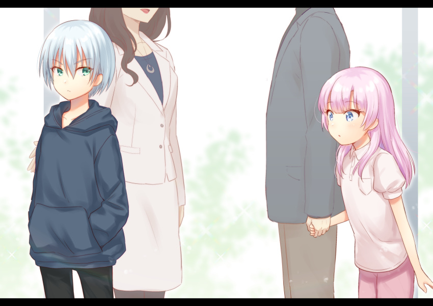 2boys 2girls :o black_hair black_jacket black_pants blue_eyes blue_hoodie blue_shirt brown_pants collared_shirt commentary_request crescent crescent_necklace formal green_eyes hair_between_eyes highres holding_hands hood hood_down hoodie jacket jewelry kamisama_ni_natta_hi letterboxed long_hair multiple_boys multiple_girls nakamura_hinato necklace pants parted_lips pink_hair pink_pants puffy_short_sleeves puffy_sleeves satou_hina_(kamisama_ni_natta_hi) shirt short_sleeves skirt skirt_suit suit suzuki_hiroto white_hair white_jacket white_shirt white_skirt