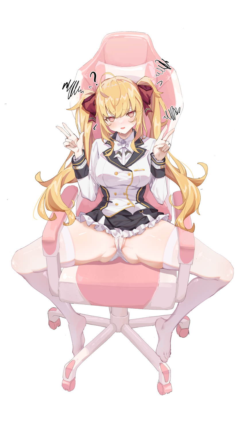 ? @_@ absurdres ahoge blazer blonde_hair bow cameltoe chair double_v etoile female gaming_chair hair_ribbon hairbow highres jacket long_hair looking_at_viewer miniskirt nijisanji on_chair open_mouth panties partially_visible_vulva ribbon school_uniform sitting skirt solo spread_legs swivel_chair takamiya_rion takamiya_rion_(1st_costume) twintails underwear v virtual_youtuber