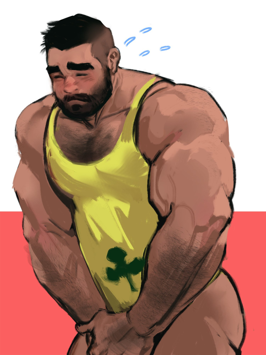 1boy animal_crossing ass bara beard blush bottomless chest_hair covering_crotch covering_privates dopey_(dopq) embarrassed facial_hair flying_sweatdrops highres male_focus moustache muscular muscular_male naked_shirt original pectoral_cleavage pectorals shirt short_hair solo tank_top teddy_(animal_crossing) thick_eyebrows thighs undercut yellow_tank_top