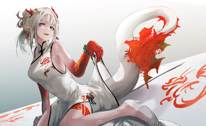 :d absurdres arknights bare_arms bare_legs bare_shoulders bead_bracelet beads blue_eyes bracelet breasts china_dress chinese_clothes clothes_lift colored_skin dragon_girl dragon_horns dragon_tail dress dress_lift dutch_angle female gradient_background gradient_skin grey_background high_heels highres hiyaori_(hiyahiyaval) horns jewelry large_breasts lifting_own_clothes looking_at_viewer nian_(arknights) nian_(unfettered_freedom)_(arknights) oerba_yun_fang official_alternate_costume open_mouth pelvic_curtain pointy_ears ponytail red_skin short_hair short_ponytail sitting skin_fang smile solo tail twitter_username wariza white_footwear white_hair