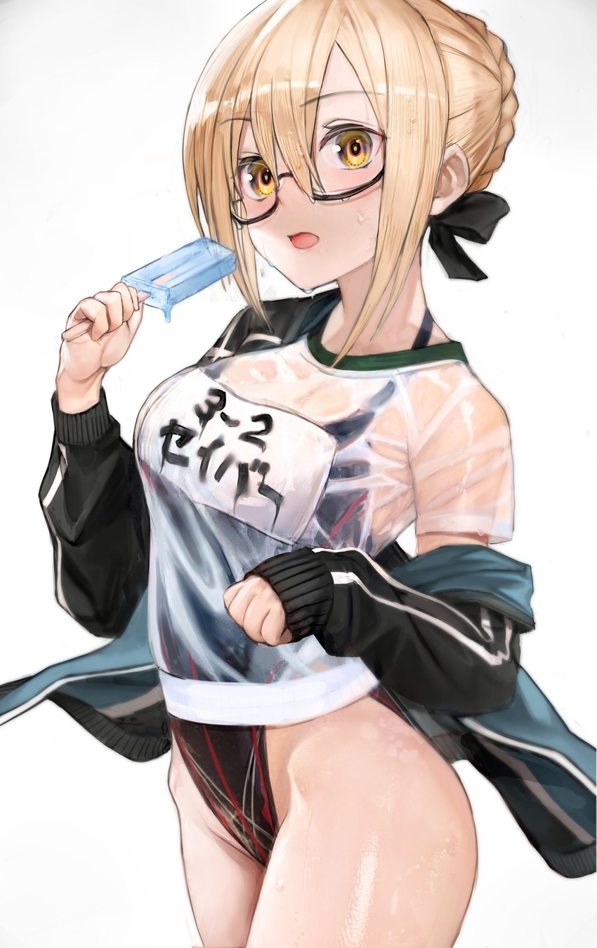 artoria_pendragon_(fate) black_one-piece_swimsuit blonde_hair competition_school_swimsuit cowboy_shot fate/grand_order fate_(series) female food glasses highleg highleg_swimsuit highres hip_bones jacket mysterious_heroine_x_alter_(fate) mysterious_heroine_x_alter_(second_ascension)_(fate) name_tag nyatabe one-piece_swimsuit popsicle school_swimsuit see-through shirt solo sweat swimsuit swimsuit_under_clothes track_jacket wet wet_clothes wet_shirt yellow_eyes