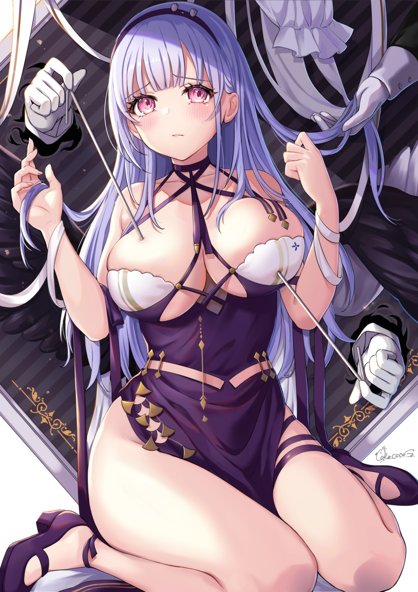 absurdres azur_lane bare_legs bare_shoulders black_hairband blush breasts cleavage closed_mouth cokecoco collarbone commentary_request crying crying_with_eyes_open dido_(anxious_bisque_doll)_(azur_lane) dido_(azur_lane) disembodied_hand dress female frown gloves grey_hair hairband halter_dress halterneck hand_up hands_up high_heels highres large_breasts long_hair long_sleeves looking_at_viewer official_alternate_costume pelvic_curtain purple_dress purple_eyes purple_footwear signature sitting sleeveless sleeveless_dress tears thigh_strap thighs unaligned_breasts w_arms wariza white_gloves