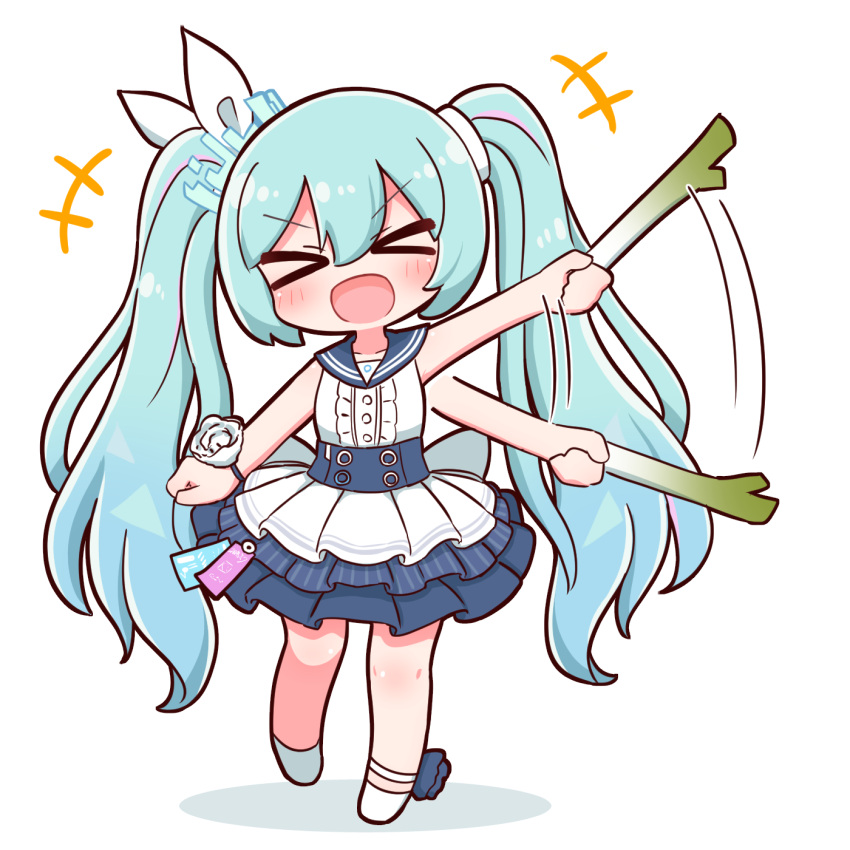 >_< +++ :d afterimage blue_archive blue_hair blue_sailor_collar blush center_frills chibi closed_eyes commentary facing_viewer female flower food frills full_body hair_between_eyes hair_ribbon hatsune_miku highres holding holding_food holding_spring_onion holding_vegetable layered_skirt long_hair naga_u outstretched_arm pleated_skirt ribbon rose sailor_collar shadow shirt shoes skirt smile solo speed_lines spring_onion twintails vegetable very_long_hair vocaloid white_background white_flower white_footwear white_ribbon white_rose white_shirt white_skirt xd