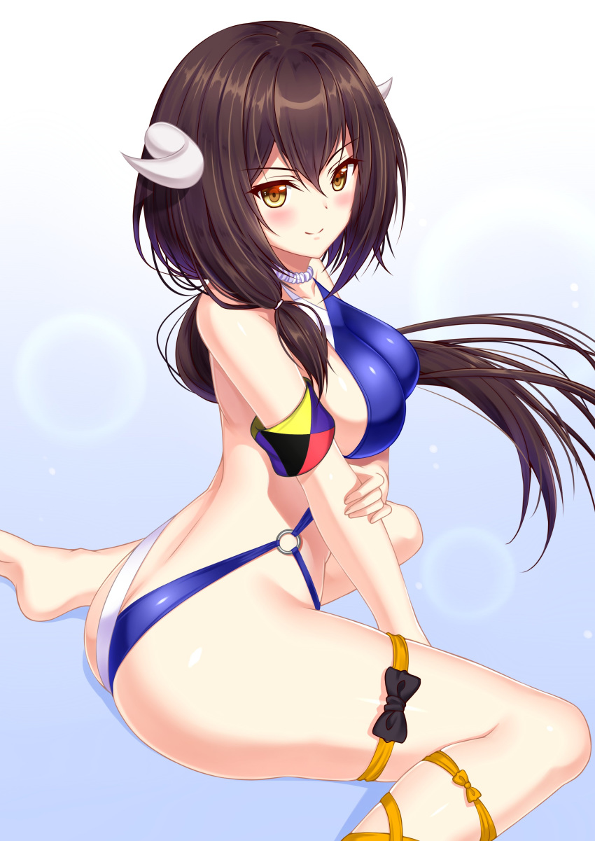 absurdres ass azur_lane back blue_background blue_one-piece_swimsuit blush breasts brown_hair commentary_request female gradient_background hand_on_own_arm highres horns large_breasts long_hair looking_at_viewer mikasa_(azur_lane) o-ring o-ring_swimsuit one-piece_swimsuit ponytail shibata_rai sideboob sidelocks sitting smile solo swimsuit thigh_strap two-tone_swimsuit wariza white_background white_one-piece_swimsuit yellow_eyes z_flag