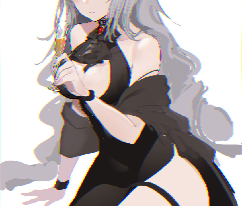 alternate_costume arknights arm_support ascot bare_shoulders between_breasts black_ascot black_dress breasts brooch bunnyking618 champagne_flute cleavage close-up closed_mouth commentary_request cowboy_shot cup dress drinking_glass facing_viewer female grey_hair head_out_of_frame highres holding holding_cup jewelry large_breasts long_hair nail_polish shawl simple_background skadi_(arknights) sleeveless sleeveless_dress solo strap_slip thigh_strap very_long_hair white_background