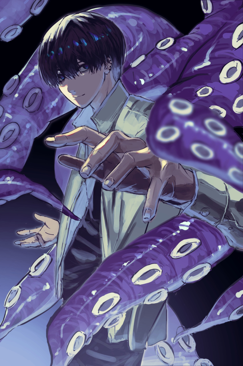 1boy black_background black_hair black_pants black_shirt blue_background chainsaw_man closed_mouth cowboy_shot gradient_background hair_between_eyes highres jacket jiitaku long_sleeves looking_at_viewer male_focus octopus_devil_(chainsaw_man) open_hands pants purple_eyes shirt short_hair smile solo tentacle white_jacket yoshida_hirofumi