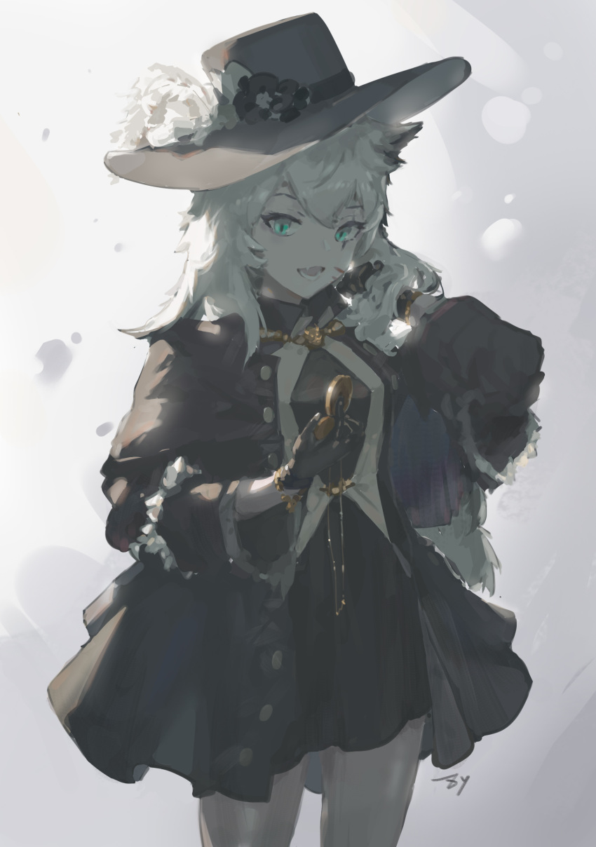 absurdres animal_ears arknights black_coat black_dress black_gloves black_hat blue_eyes chinese_commentary coat commentary_request cowboy_shot dress english_commentary female gloves grey_background hat highres holding holding_pocket_watch lappland_(arknights) lappland_(refined_horrormare)_(arknights) long_hair mixed-language_commentary official_alternate_costume open_mouth pocket_watch scar scar_across_eye scar_on_cheek scar_on_face smile solo watch white_hair wolf_ears zygocactus