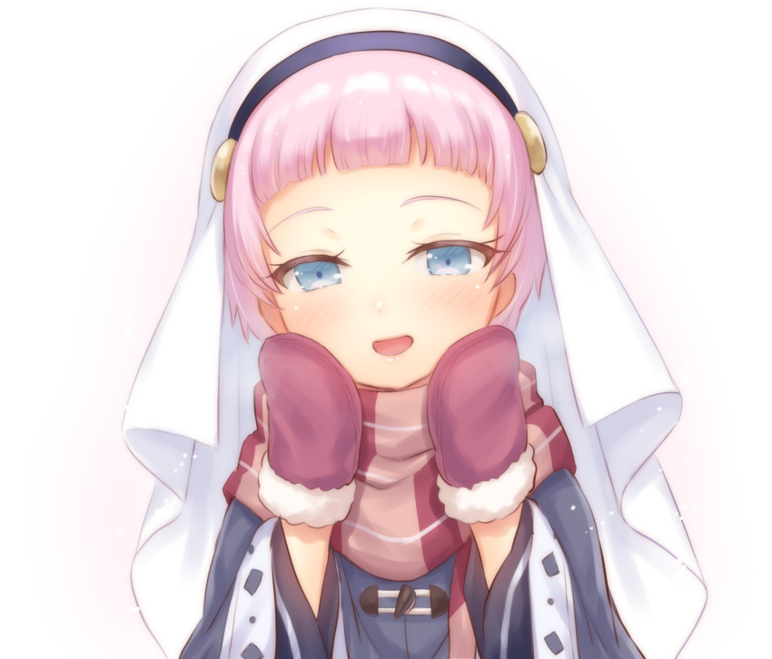 :d alternate_hair_length alternate_hairstyle black_capelet blue_eyes blush brown_mittens brown_scarf capelet commentary_request female forehead fur-trimmed_mittens fur_trim hands_up highres kamisama_ni_natta_hi long_sleeves looking_at_viewer mittens nakamura_hinato open_mouth pink_hair satou_hina_(kamisama_ni_natta_hi) scarf smile solo spoilers upper_body veil white_background wide_sleeves