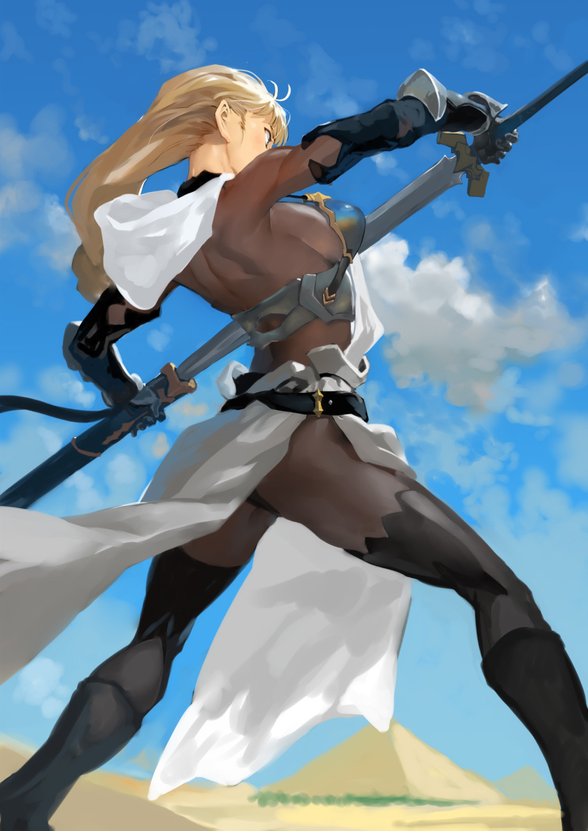 armor ass blonde_hair bob_(biyonbiyon) bodystocking boots female gloves highres holding holding_sword holding_weapon hood knight long_hair original pyramid_(structure) scabbard sheath solo sword tabard thighhighs unsheathing weapon