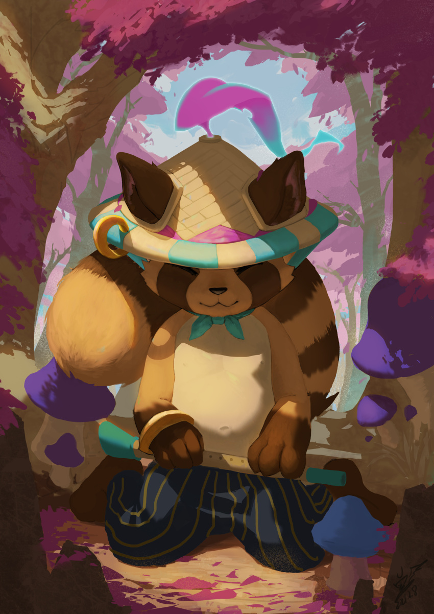 2021 absurd_res anthro bottomwear brown_body brown_fur canid canine closed_eyes clothing detailed_background fur handshots hat headgear headwear hi_res humanoid_hands kemono league_of_legends male mammal outside pants raccoon_dog riot_games solo spirit_blossom_teemo tanuki teemo_(lol) tencent yordle