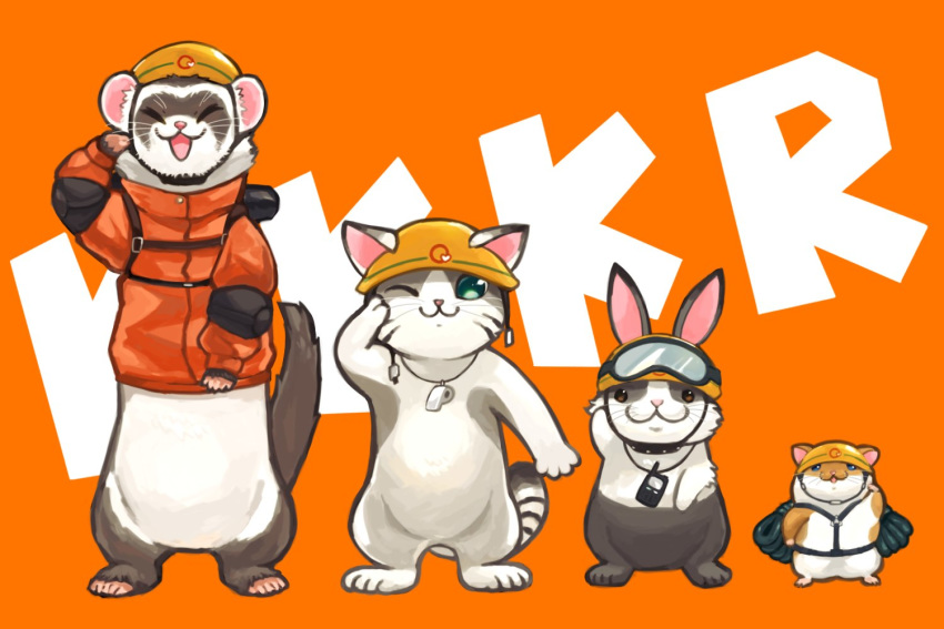 animal duel_monster feline ferret goggles goggles_on_headwear hamster helmet jacket kawaanago no_humans one_eye_closed orange_background orange_jacket rabbit rescue_cat rescue_ferret rescue_hamster rescue_rabbit rope salute whistle whistle_around_neck yu-gi-oh!