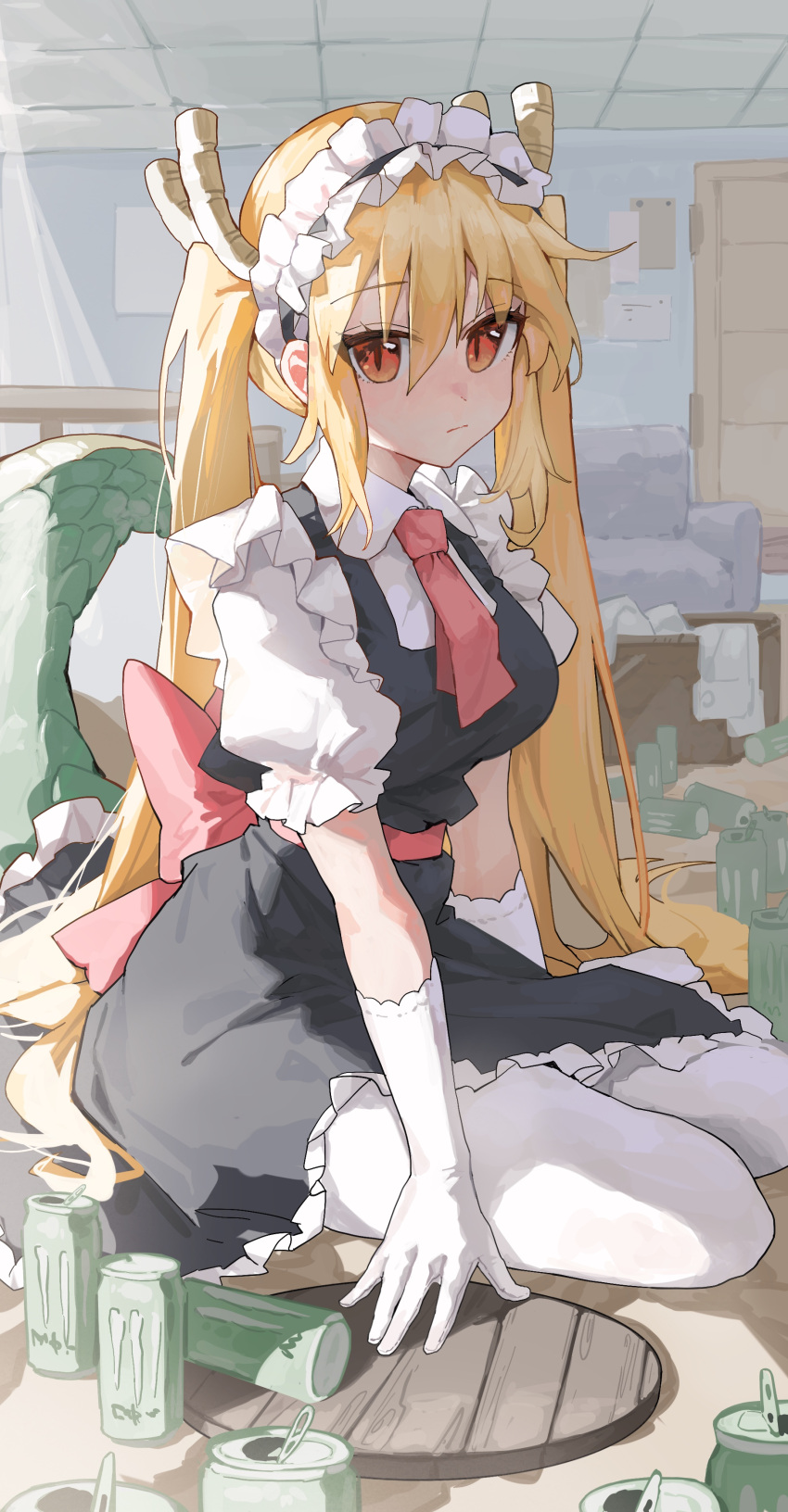 absurdres black_dress blonde_hair blush breasts can closed_mouth collared_shirt commentary dragon_girl dragon_horns dragon_tail dress drink_can elbow_gloves female frilled_dress frills gloves hair_between_eyes highres horns indoors kobayashi-san_chi_no_maidragon large_breasts long_hair looking_at_viewer maid maid_headdress monster_energy necktie pantyhose pinafore_dress puffy_short_sleeves puffy_sleeves red_eyes red_necktie sentter shirt short_sleeves sitting sleeveless sleeveless_dress slit_pupils soda_can solo tail tohru_(maidragon) twintails white_gloves white_pantyhose white_shirt yokozuwari