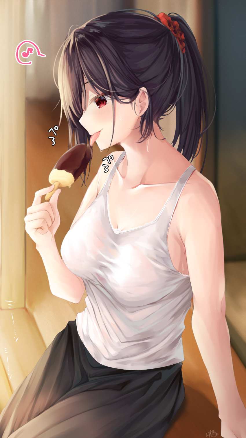 arm_support bad_id bad_pixiv_id bare_arms bare_shoulders black_hair black_pants blurry blurry_background blush breasts cleavage collarbone commentary_request depth_of_field eighth_note female food hair_ornament hair_scrunchie highres holding holding_food ice_cream licking looking_away medium_breasts musical_note original pants ponytail ramchi red_eyes red_scrunchie scrunchie signature sitting solo spoken_musical_note sweat tank_top tongue tongue_out white_tank_top yandere-chan_(ramchi)