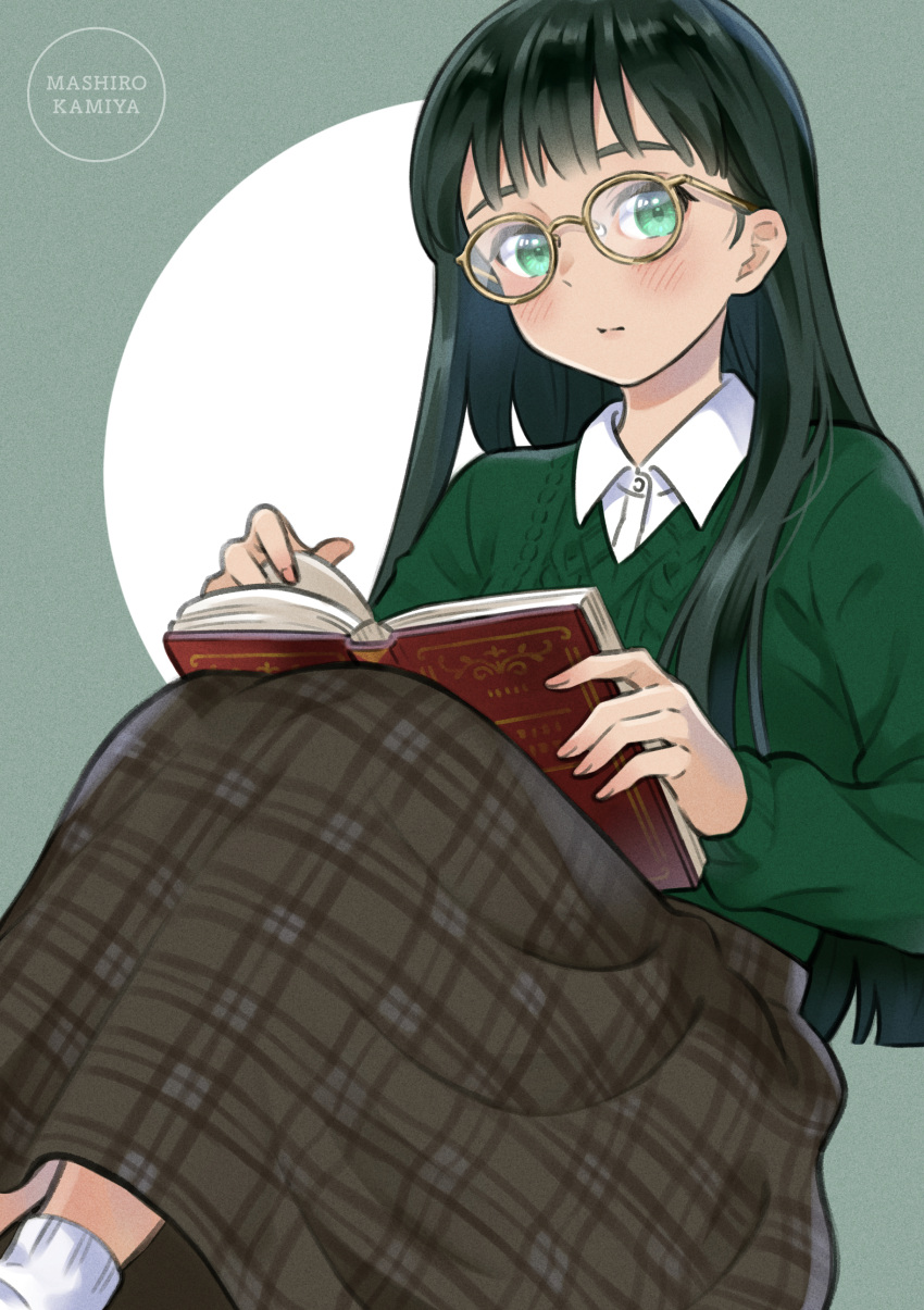 absurdres artist_name black_hair blush book female glasses green_eyes highres kaminr long_hair open_book original plaid plaid_skirt reading shirt skirt solo sweater