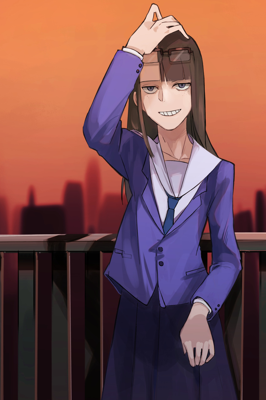 absurdres asymmetrical_bangs blazer building city cityscape eizouken_ni_wa_te_wo_dasu_na! female freckles grin hand_on_own_head highres jacket kanamori_sayaka looking_at_viewer outdoors over-rim_eyewear pleated_skirt railing sanpaku school_uniform semi-rimless_eyewear skirt sky skyline skyscraper smile solo teizen_(niwamaee) uniform