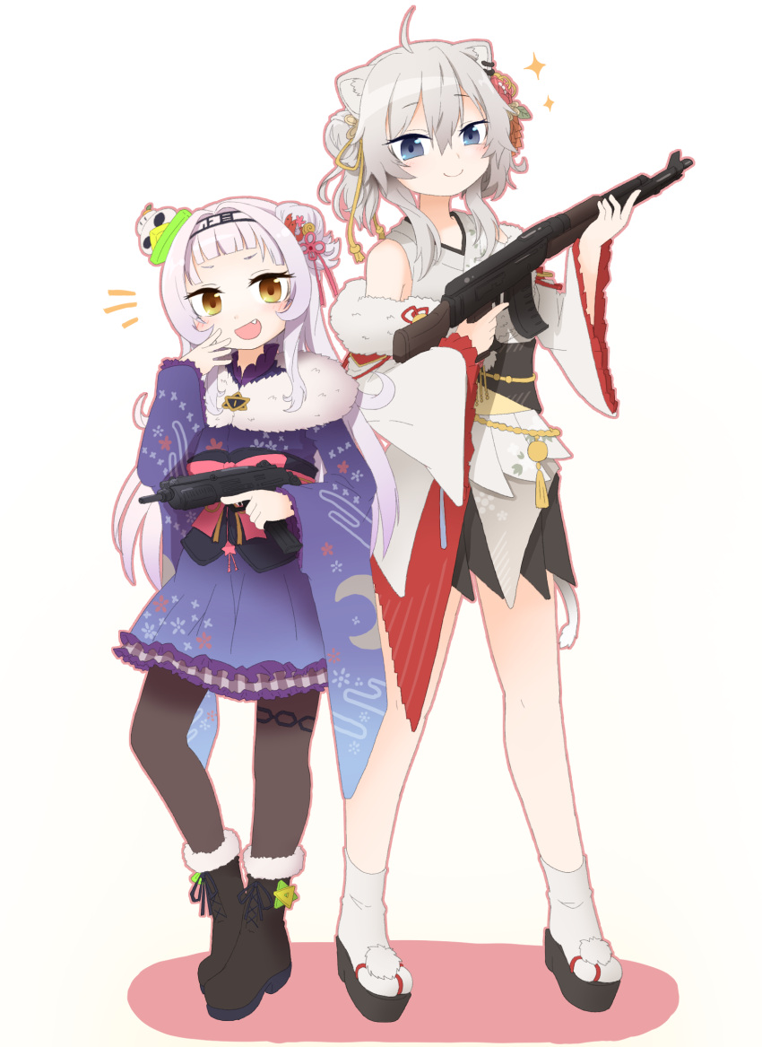 2girls :d ak-47 animal_ears assault_rifle blush doyagao eyelashes full_body fur-trimmed_kimono fur_trim grey_hair gun highres holding holding_gun holding_weapon hololive japanese_clothes kalashnikov_rifle kimono kimono_skirt lion_ears lion_girl lion_tail looking_at_viewer multiple_girls murasaki_shion murasaki_shion_(new_year) oerba_yun_fang official_alternate_costume open_mouth rifle shishiro_botan shishiro_botan_(new_year) simple_background size_difference smile smug sparkle tail tonton_(tonz159) virtual_youtuber weapon white_background