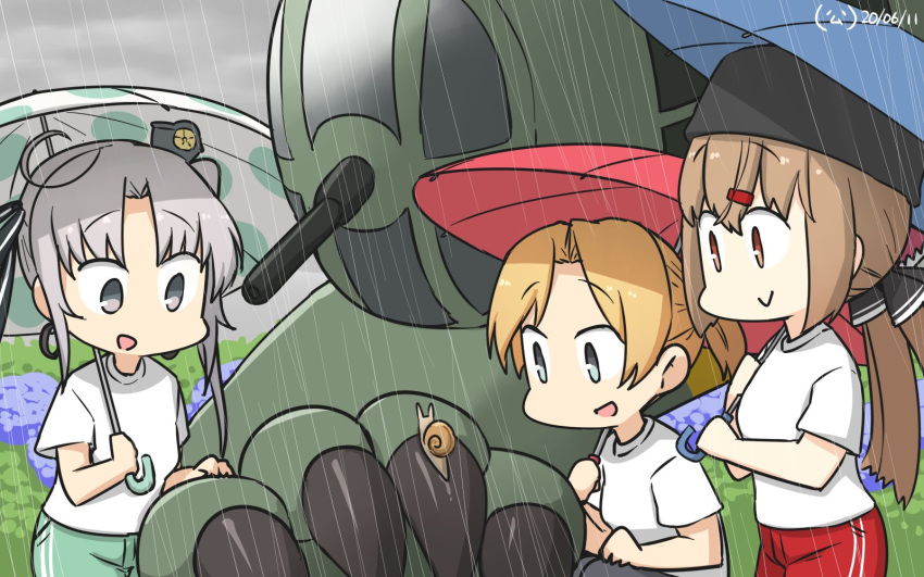 1other 3girls ahoge akitsushima_(kancolle) alternate_costume black_bow black_headwear black_pants blonde_hair blue_eyes blue_umbrella bow brown_eyes brown_hair commentary_request dated fur_hat green_pants hair_ornament hair_ribbon hairbow hamu_koutarou hat highres kantai_collection long_hair low_twintails maikaze_(kancolle) mini_hat multiple_girls nishikitaitei-chan one-hour_drawing_challenge pants papakha parted_bangs polka_dot polka_dot_umbrella ponytail purple_eyes purple_hair rain red_pants red_umbrella ribbon shirt side_ponytail sidelocks snail squatting standing t-shirt tashkent_(kancolle) track_pants twintails umbrella white_shirt