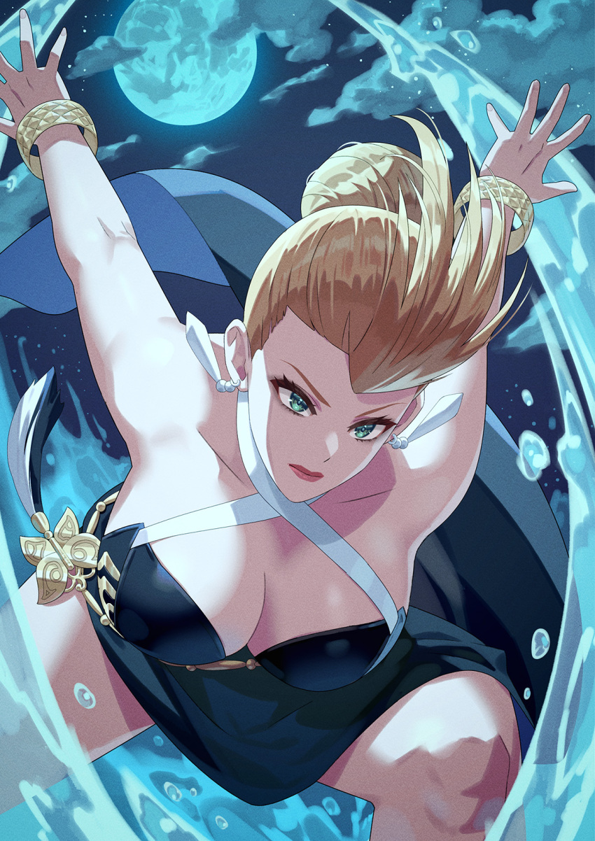 bare_shoulders beach bikini black_bikini blonde_hair blue_eyes breasts cleavage cloud earrings female full_moon hair_bun highres jewelry large_breasts lips long_hair mature_(kof) md5_mismatch moon moonlight night night_sky outdoors short_hair single_hair_bun sky snk solo star_(sky) starry_sky swimsuit the_king_of_fighters the_king_of_fighters_all-stars yagi2013