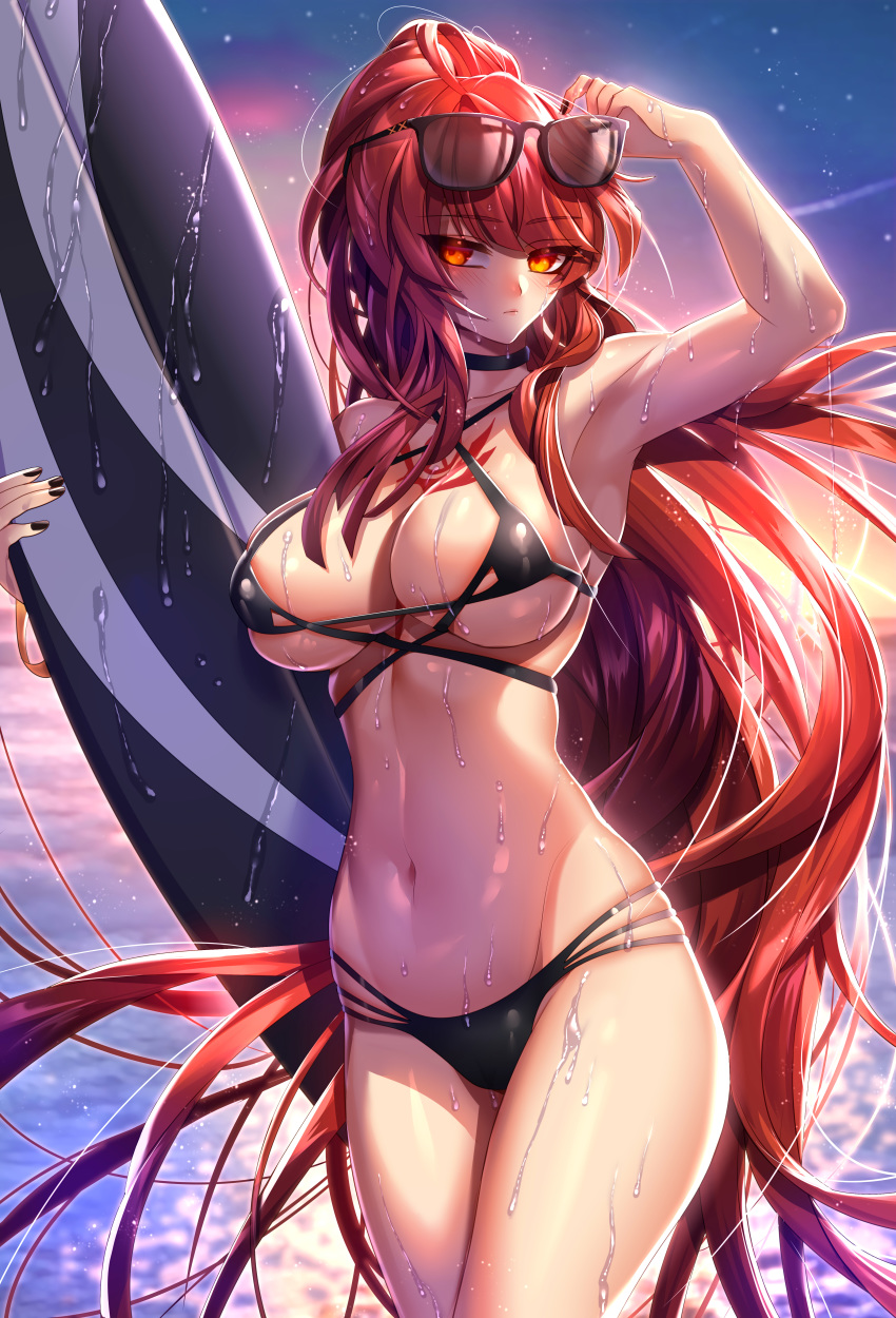 absurdres areola_slip bare_shoulders bikini black_bikini black_nails bloody_queen_(elsword) blush breasts cleavage closed_mouth collarbone commentary cowboy_shot criss-cross_halter elesis_(elsword) elsword female groin halterneck hand_up highres holding holding_behind_back holding_surfboard legs_together long_hair looking_at_viewer multi-strapped_bikini nail_polish navel ocean outdoors photoshop_(medium) red_hair rourou_(been) sidelocks sky solo standing stomach surfboard swimsuit very_long_hair wet