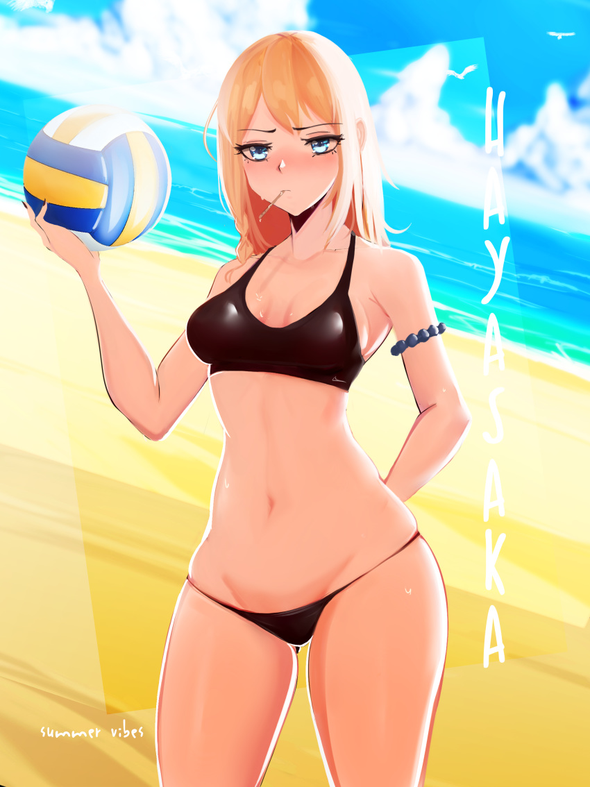 absurdres bad_id bad_pixiv_id beach black_panties blonde_hair blush breasts character_name female food_in_mouth hair_down half-closed_eyes hayasaka_ai highres kaguya-sama_wa_kokurasetai_~tensai-tachi_no_renai_zunousen~ long_hair navel outdoors panties pocket solo sports_bra standing stomach underwear volleyball zaki_(zaki_btw)