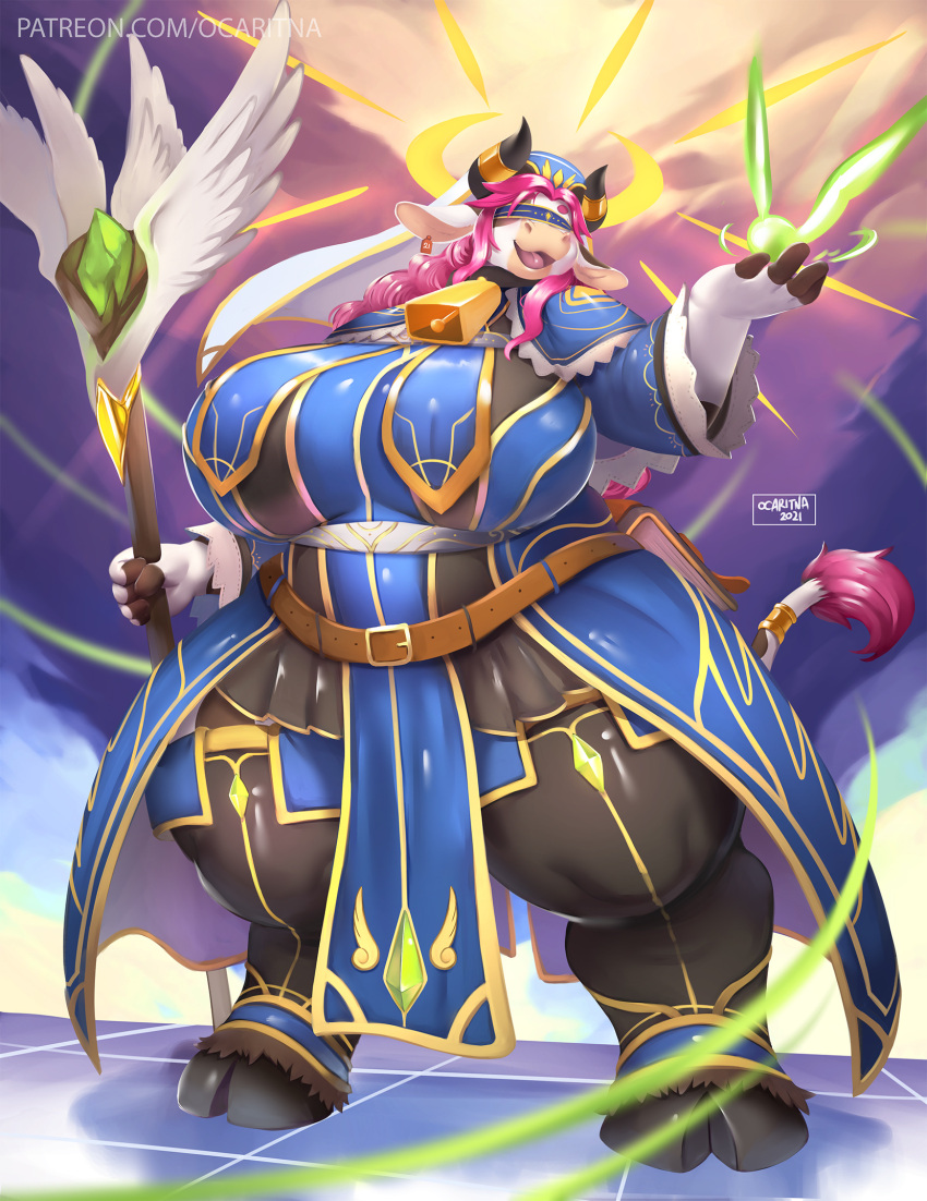 2021 anthro big_breasts bovid bovine breasts cattle clothed clothing cowbell curvy_figure female fully_clothed hair hi_res holding_object holding_weapon hooves horn magic magic_user mammal ocaritna open_mouth overweight overweight_anthro overweight_female pink_hair signature solo staff text thick_thighs url voluptuous weapon