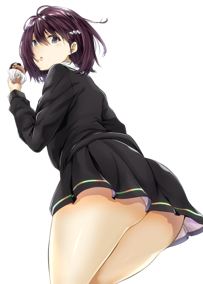 absurdres ass ayakashi_triangle black_eyes black_hair black_skirt blush bzzuki commentary doughnut eating eyelashes female food gimp_(medium) hair_ornament hairclip highres kanade_suzu looking_at_viewer school_uniform short_hair simple_background skirt solo standing white_background