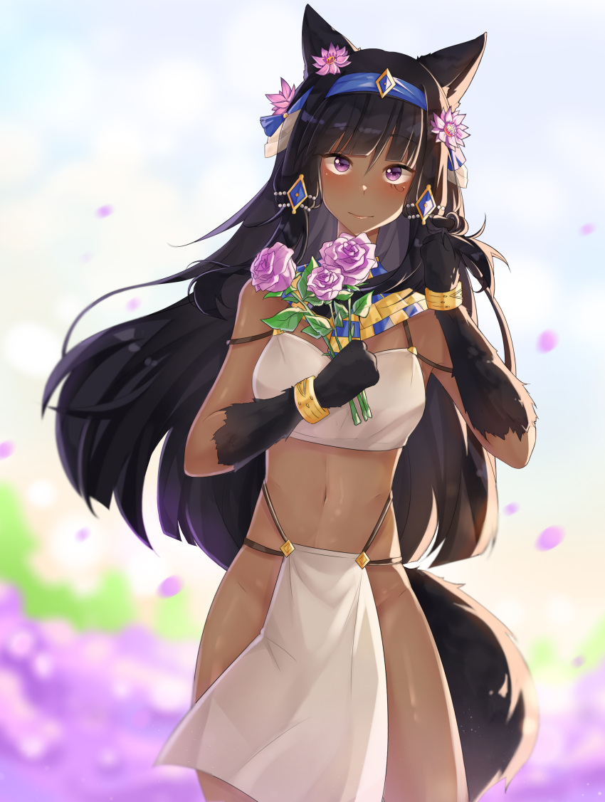 absurdres animal_ears animal_hands ankarama_(nox15499866) anubis_(monster_girl_encyclopedia) black_fur black_tail blue_hairband blush borrowed_character bracelet breasts commentary commission dark-skinned_female dark_skin day egyptian english_commentary eye_of_horus facial_tattoo female flower hair_flower hair_ornament hairband highres holding holding_flower jackal_ears jewelry loincloth long_hair looking_at_viewer medium_breasts monster_girl_encyclopedia nose_blush playing_with_own_hair purple_eyes second-party_source sidelighting solo standing tattoo twirling_hair via.31