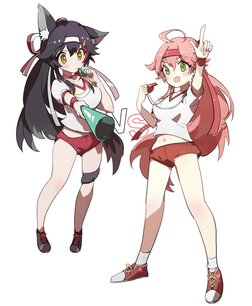 2girls :d ahoge alternate_costume animal_ear_fluff animal_ears black_hair blush breasts brown_eyes buruma commentary_request green_eyes gym_shirt gym_uniform hair_between_eyes hairband highres holding holding_megaphone holding_whistle hololive long_hair medium_breasts megaphone multiple_girls navel ookami_mio outstretched_arm pink_hair pointing red_buruma red_hairband sakura_miko shadowsinking shirt short_sleeves simple_background smile tail teeth upper_teeth_only v-shaped_eyebrows very_long_hair virtual_youtuber whistle whistle_around_neck white_background white_hairband white_shirt wolf_ears wolf_girl wolf_tail