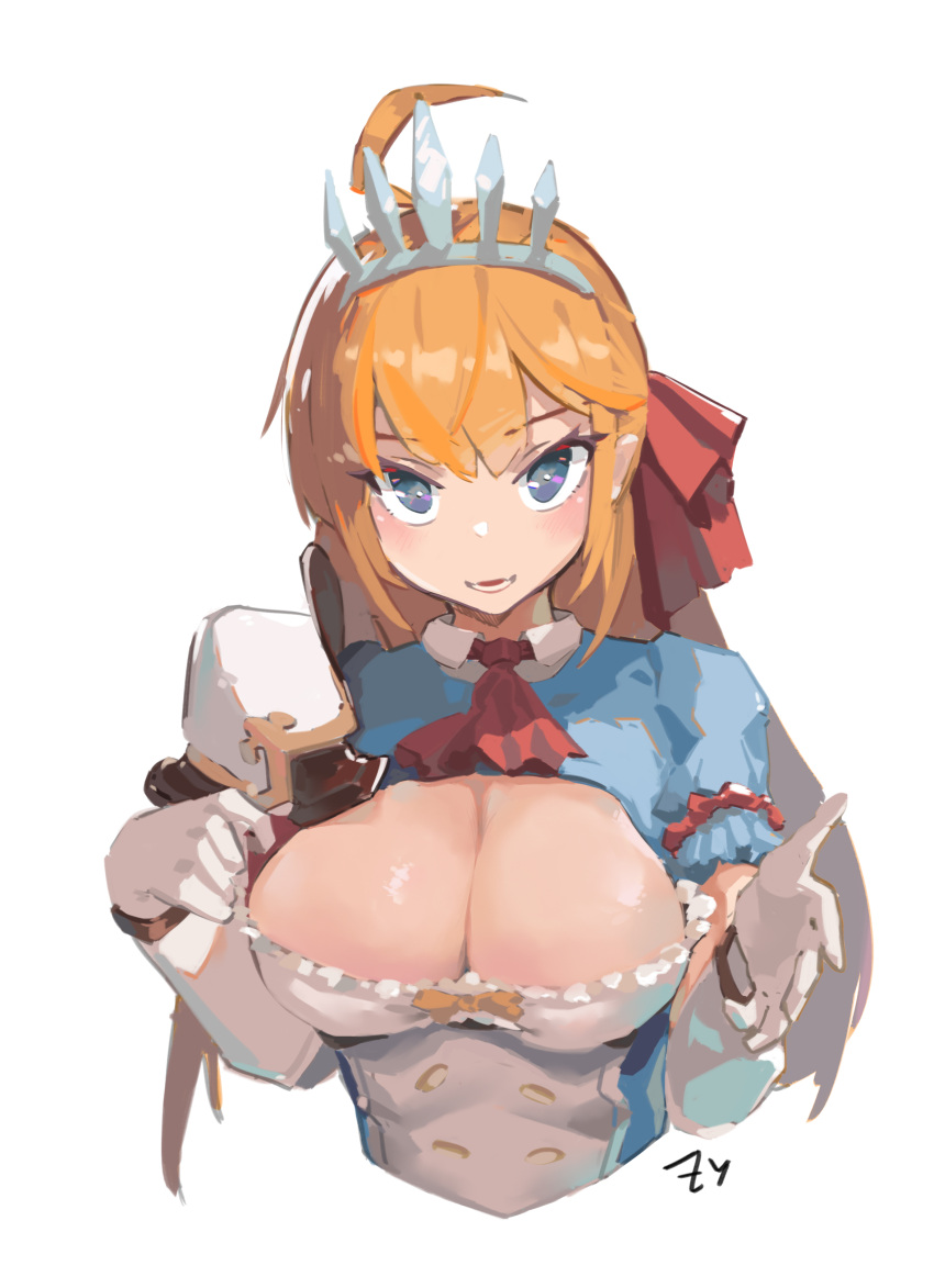 absurdres ahoge armor ascot blue_eyes blue_shirt breasts chinese_commentary cleavage cleavage_cutout clothing_cutout commentary_request female gloves highres large_breasts long_hair looking_at_viewer orange_hair parted_lips pecorine_(princess_connect!) princess_connect! reaching reaching_towards_viewer red_ascot shirt shoulder_armor simple_background solo tiara upper_body white_background white_gloves white_shirt zygocactus