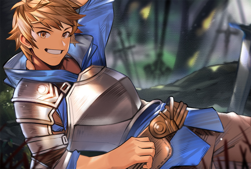 1boy arm_behind_head armor bad_id bad_pixiv_id blue_hoodie brown_eyes brown_hair brown_pants commentary fighter_(granblue_fantasy) gran_(granblue_fantasy) granblue_fantasy grin hood hood_down hoodie looking_at_viewer lying male_focus nature on_ground on_side pants short_hair smile sword weapon yaowu