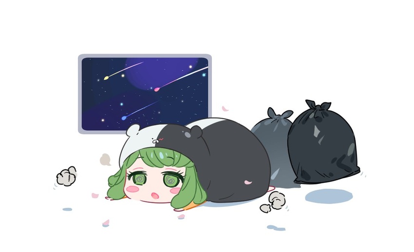 :o bad_id bad_twitter_id blush_stickers cosplay danganronpa_(series) danganronpa_another_episode:_ultra_despair_girls doma_umaru doma_umaru_(cosplay) female green_eyes green_hair hood hood_up korean_commentary lying monokuma monokuma_(cosplay) on_stomach pin_(ke0070831) short_hair simple_background solo space towa_monaca trash_bag white_background window