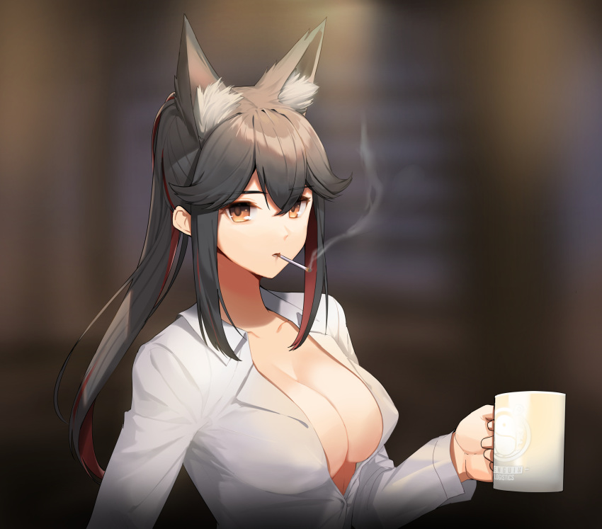 alternate_hairstyle animal_ear_fluff animal_ears arknights bad_id bad_twitter_id black_hair blurry blurry_background breasts brown_eyes cigarette collarbone commentary cup female hair_between_eyes highres holding holding_cup large_breasts long_hair long_sleeves looking_at_viewer mouth_hold mug multicolored_hair penguin_logistics_logo red_hair shirt shovelwell sidelocks smoke smoking solo streaked_hair texas_(arknights) upper_body white_shirt wolf_ears