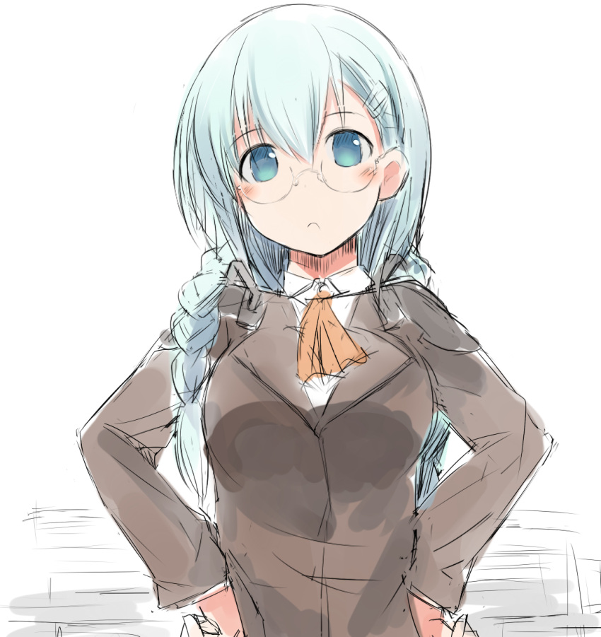 alternate_hairstyle aqua_eyes aqua_hair ascot bespectacled blazer blush braid breasts collared_shirt cowboy_shot edogawa_nao female frown glasses hair_between_eyes hair_ornament hairclip jacket kantai_collection long_hair long_sleeves medium_breasts school_uniform shirt solo suzuya_(kancolle) twin_braids