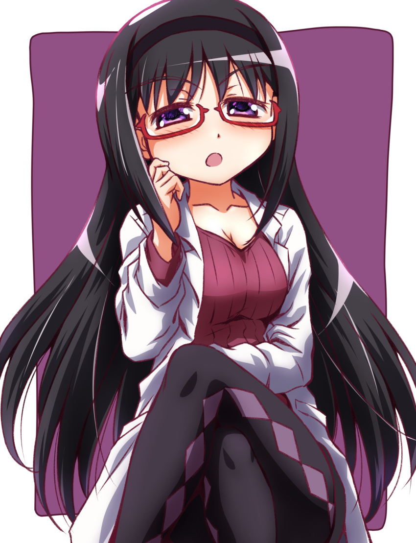 adapted_costume adjusting_eyewear akemi_homura argyle_clothes argyle_legwear black_hair black_hairband black_pantyhose blush breasts cleavage collarbone commentary_request crossed_legs female frown glaring glasses hairband half-closed_eyes highres inoue_kouji lab_coat long_hair long_sleeves looking_at_viewer mahou_shoujo_madoka_magica mahou_shoujo_madoka_magica_(anime) medium_breasts open_mouth outside_border pantyhose purple_background purple_eyes red-framed_eyewear red_shirt red_sweater ribbed_shirt ribbed_sweater school_nurse shirt sitting solo sweater teacher textless_version very_long_hair