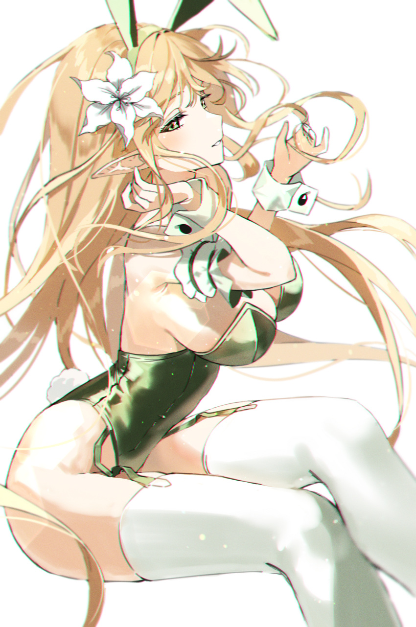 absurdres adjusting_hair animal_ears blonde_hair breasts cleavage crossed_legs dungeon_and_fighter elven_knight_(dungeon_and_fighter) female floating_hair flower from_side garter_straps green_eyes green_leotard hair_flower hair_ornament highleg highleg_leotard highres kirari_(kira_rin9) knight_(dungeon_and_fighter) large_breasts leaning_forward leotard playboy_bunny pointy_ears rabbit_ears rabbit_tail sitting sleeve_cuffs solo tail thighhighs white_thighhighs