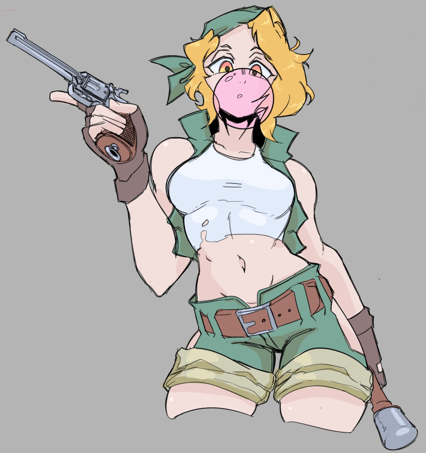 bandana blonde_hair blowing_bubbles breasts brown_gloves chef033 chewing_gum commentary contrapposto crop_top cropped_legs explosive female fingerless_gloves gloves green_bandana green_shorts grenade grey_background groin gun handgun highres hip_vent holding holding_gun holding_weapon kasamoto_eri looking_at_viewer metal_slug midriff navel open_clothes open_vest orange_eyes revolver short_shorts shorts small_breasts solo stielhandgranate torn_clothes trigger_discipline vest weapon