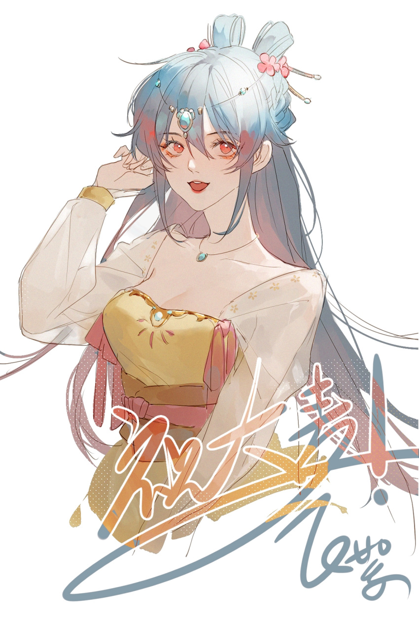 blue_hair breasts buck_teeth chinese_clothes chinese_commentary chinese_text cleavage commentary_request feixuxu female film_grain hair_between_eyes hand_up highres hongmao_and_lantu humanization lantu long_hair long_sleeves medium_breasts open_mouth red_eyes simple_background smile solo teeth translation_request upper_body white_background