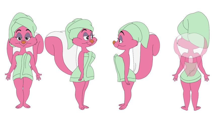 alpha_channel anthro bimbette female fur hair mammal mephitid model_sheet multiple_poses pink_body pink_fur pose raised_tail short_stack simple_background skunk solo tail tiny_toon_adventures towel towel_on_head towel_only towel_wrap warner_brothers wolf75859