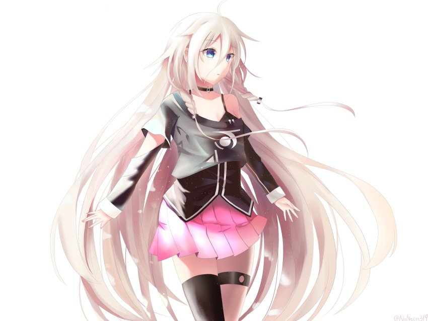 absurdres ahoge asymmetrical_legwear black_legwear blue_eyes breasts choker cleavage female floating_hair grey_hair hair_between_eyes highres ia_(vocaloid) long_hair long_sleeves miniskirt noneon319 parted_lips pink_skirt pleated_skirt simple_background single_thighhigh skirt small_breasts solo standing thigh_strap thighhighs uneven_legwear very_long_hair vocaloid white_background